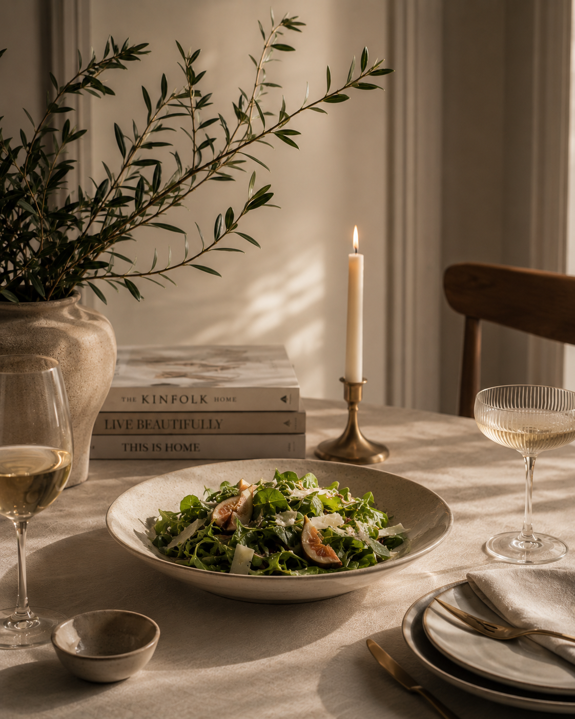 Dining table setting with a bowl of salad, wine glasses, and a candle.