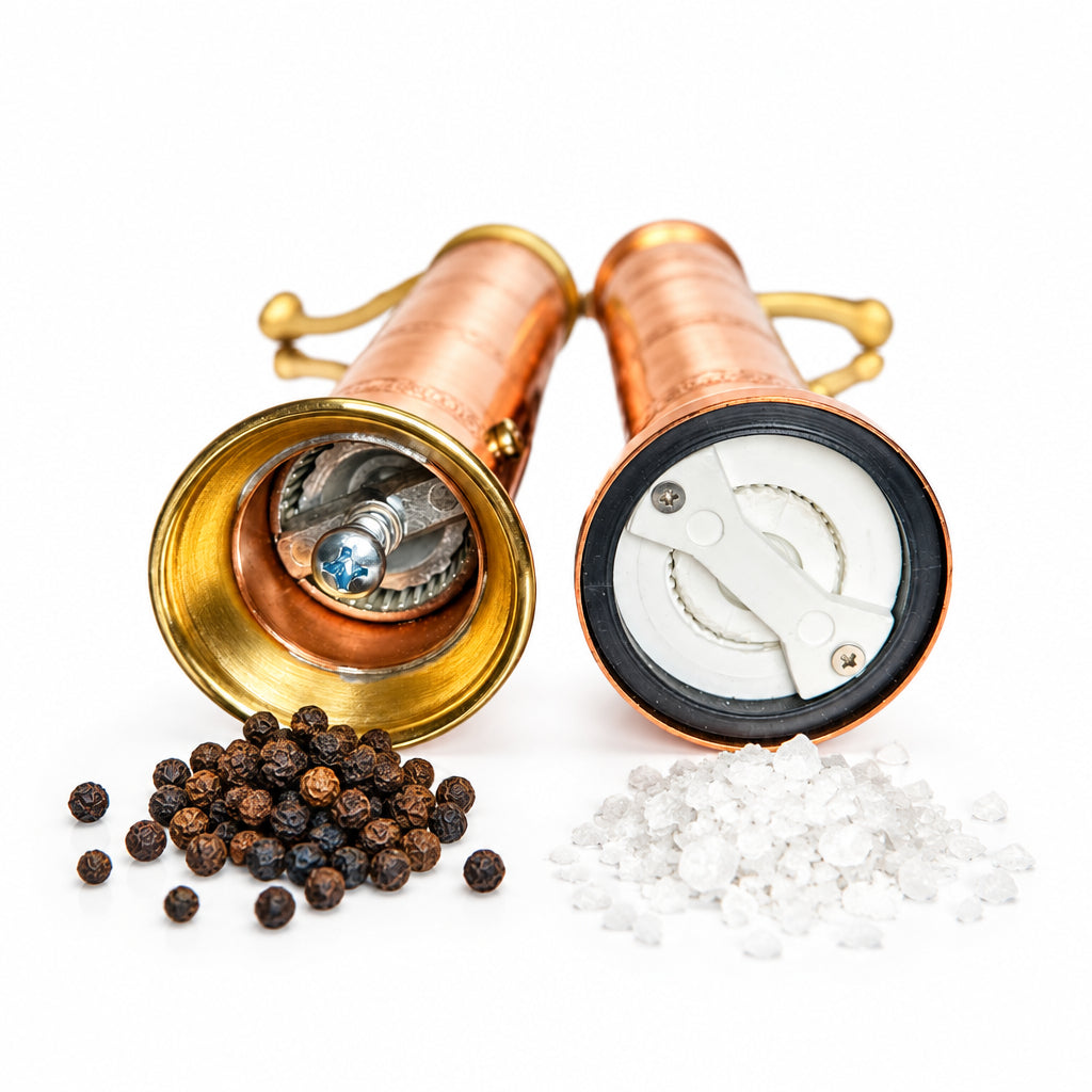 Brass/copper pepper mill and copper salt mill