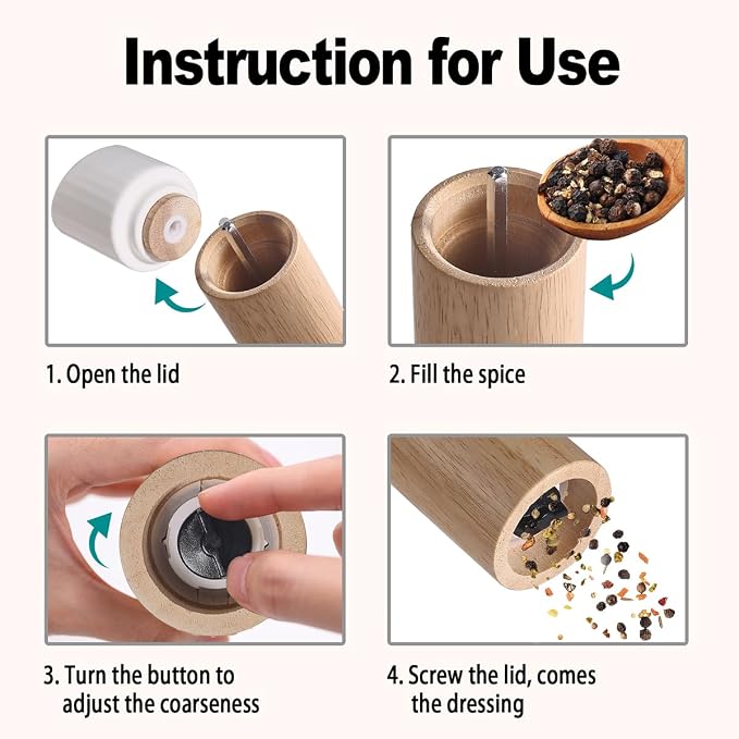 Instruction diagram showing how to use a wooden spice grinder and pepper mill. The four panels include labeled steps: open the lid, fill the spice, turn the button to adjust the coarseness, and screw the lid to release the peppercorns.