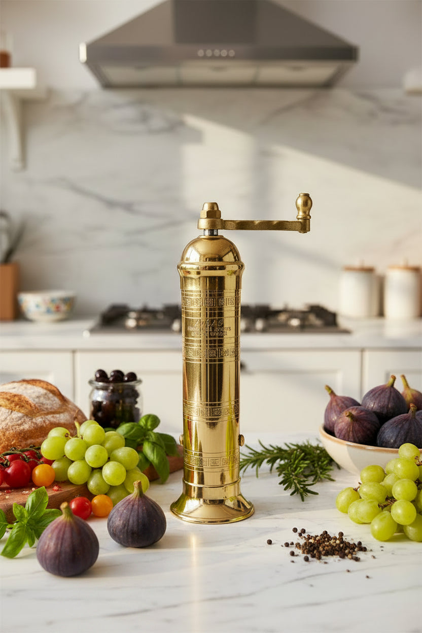 Gold pepper grinder on a white background