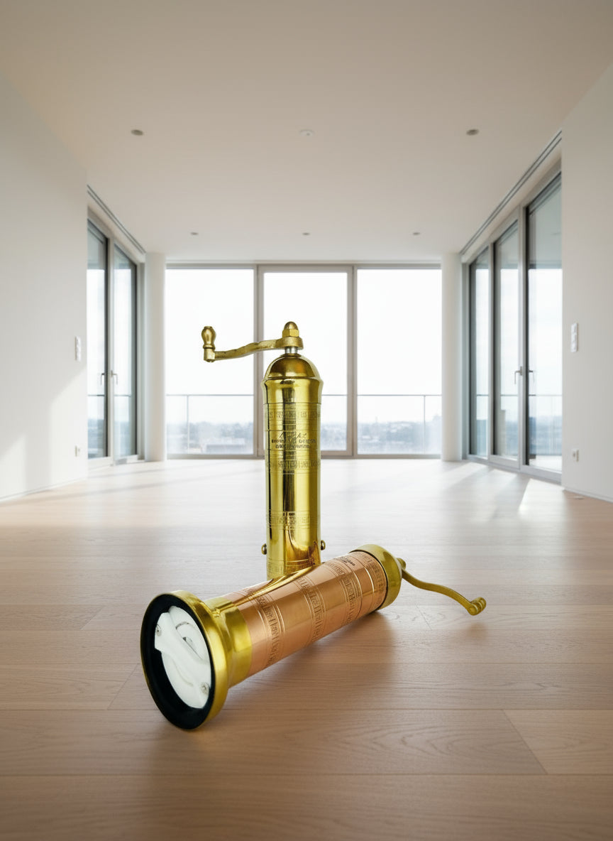 Gold-colored grinders on a wooden floor with large windows in the background