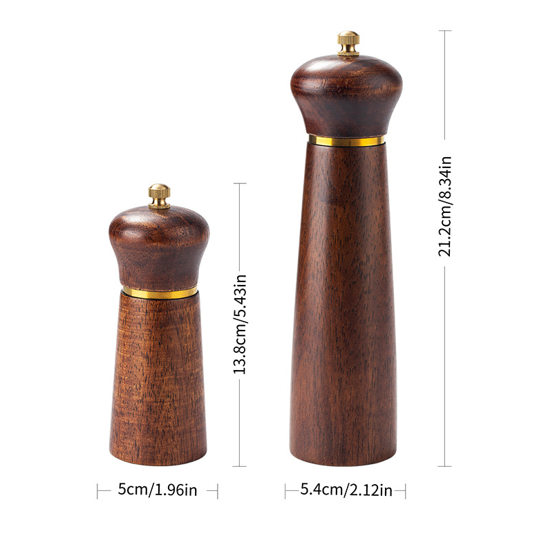 Wooden pepper mill with gold accents and measurements on a white background