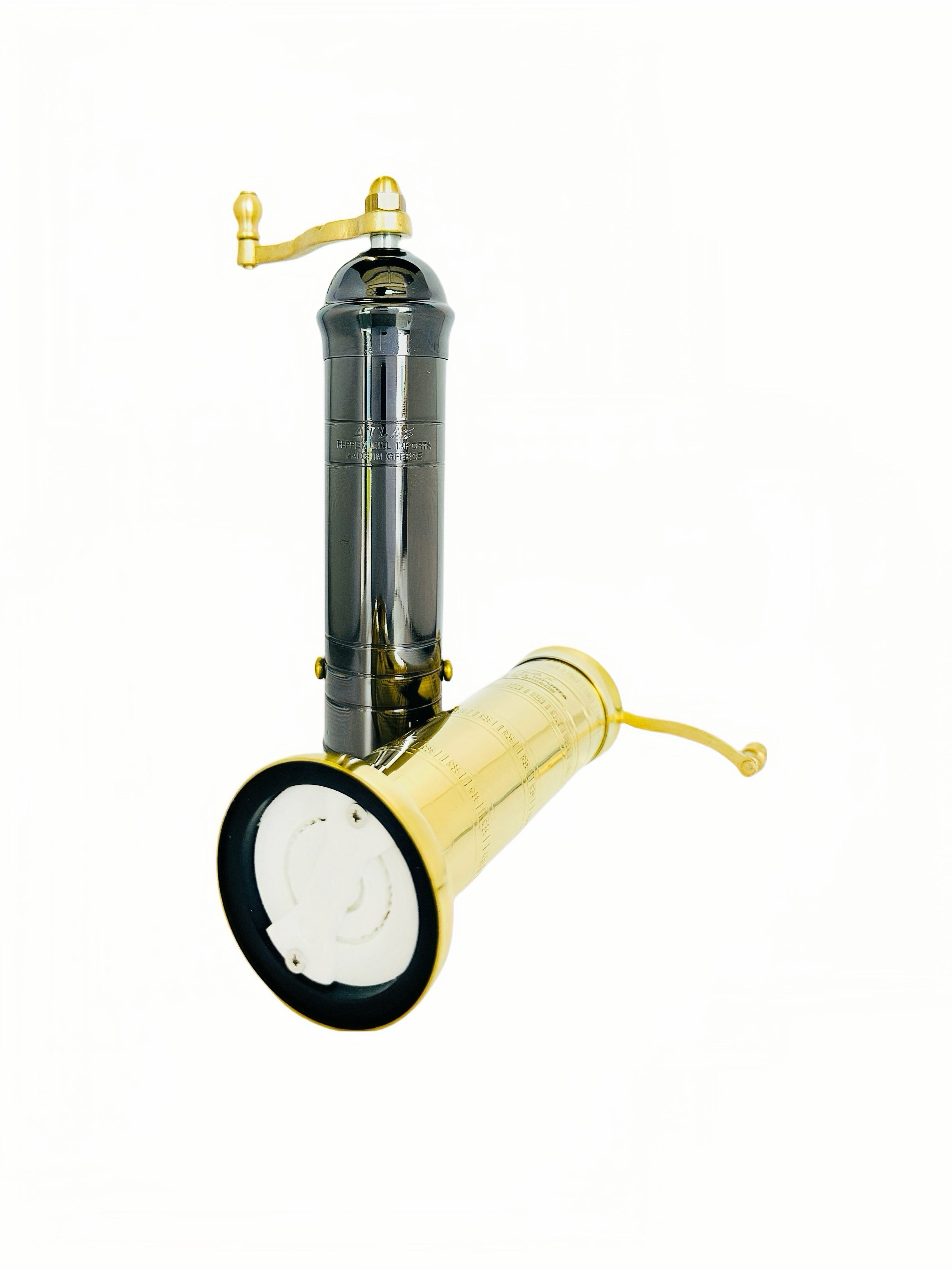 Vintage-style with brass and hematite finish on a white background