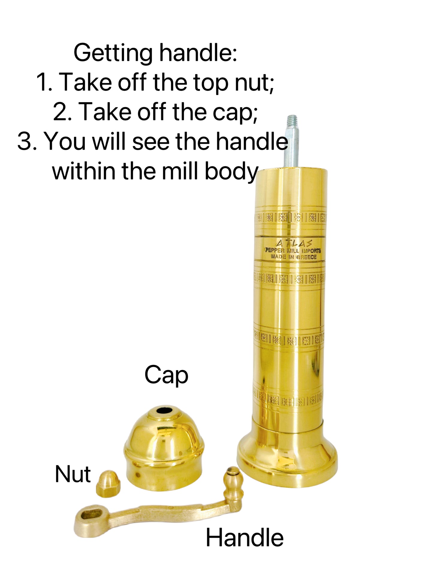 Gold-colored mill with labeled parts on a white background