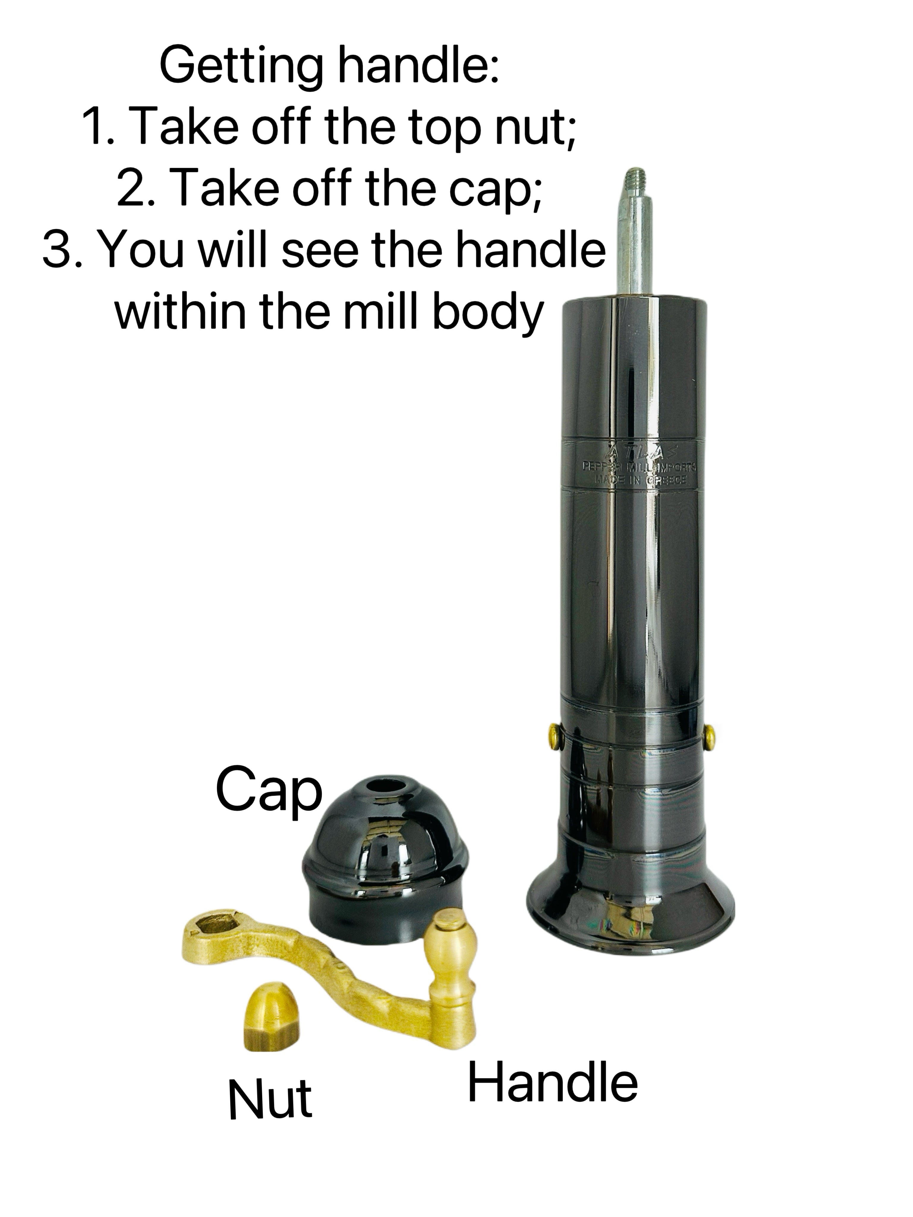 Instructions for removing a handle from a mill body with labeled parts on a white background.