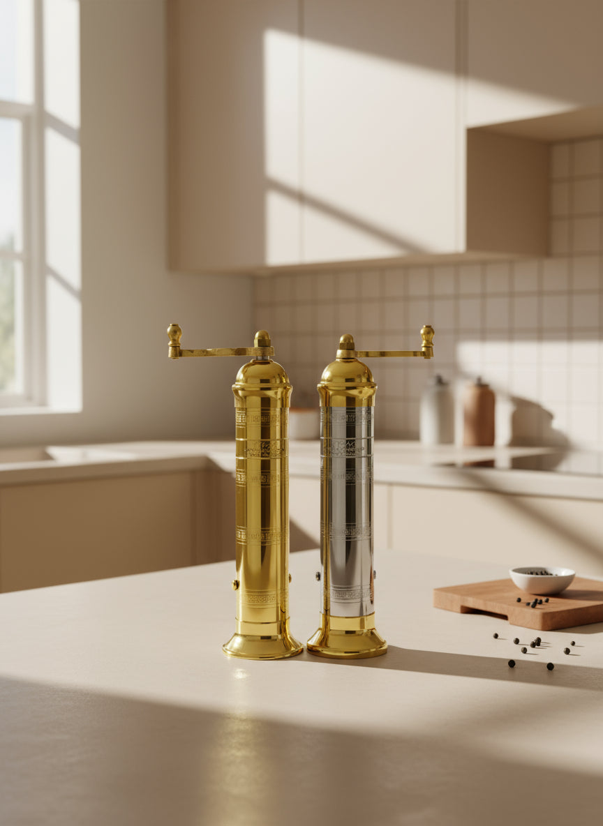 pepper and salt grinders, one gold and one silver, on a white background