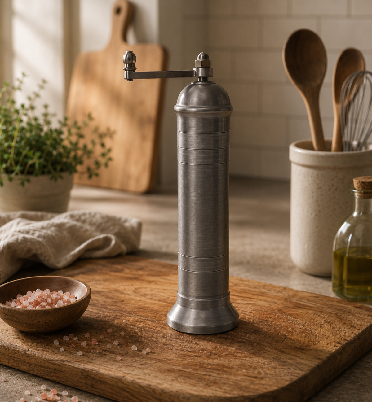 Vintage-style pepper grinder on a wooden cutting board with kitchen utensils in the background.