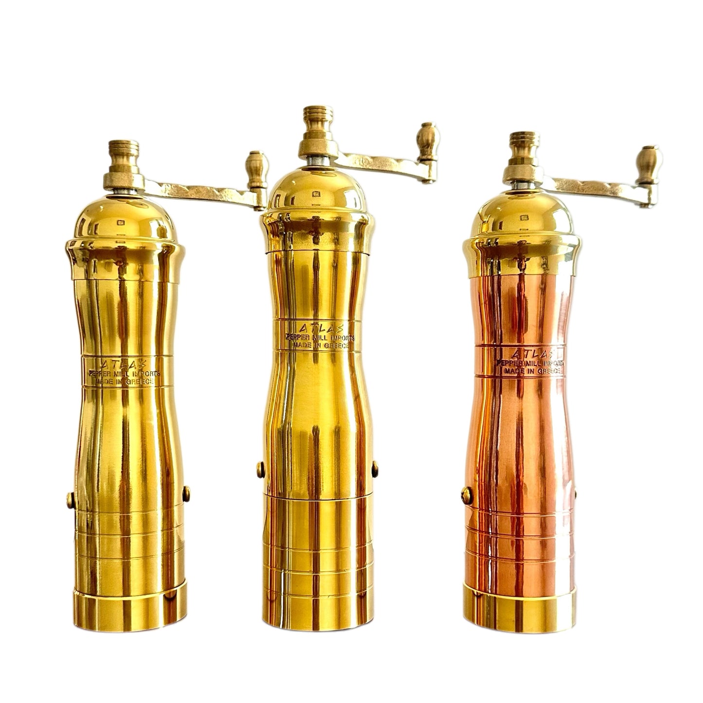 Athena Series Atlas Pepper Mills, #303 brass pepper mill, #304 pepper/coffee mill with a cup, brass/copper pepper mill.