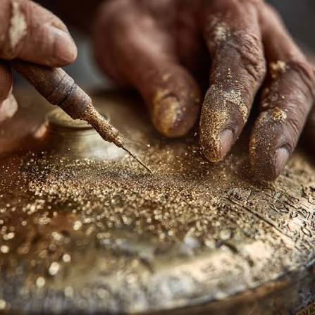 Close-up of a craftsman's hands covered in dust and gold pigment, using a small tool to work on an engraved metallic surface with fine gold powder scattered across it.