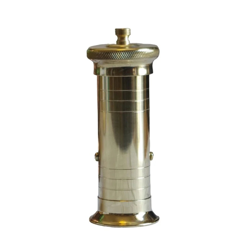 Brass Atlas Chef pepper mill with rotating top, used in Michelin-starred restaurants for precise grinding, available from Peppermill Imports.