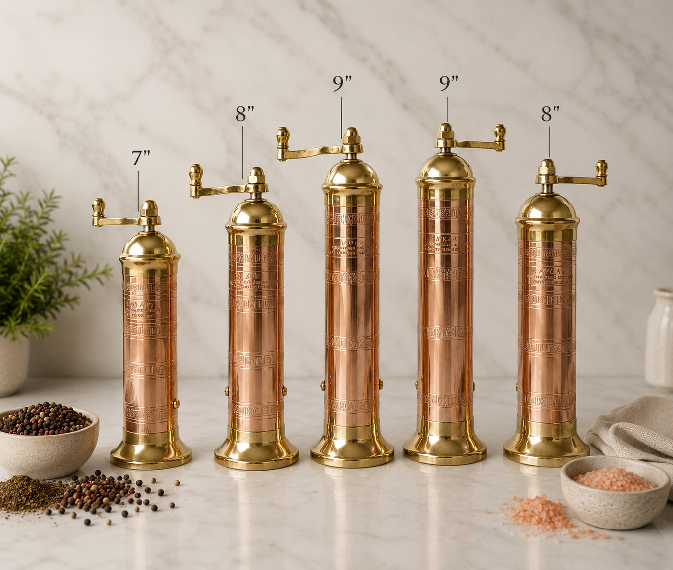 Set of copper and brass pepper mills on a marble surface with ingredients.