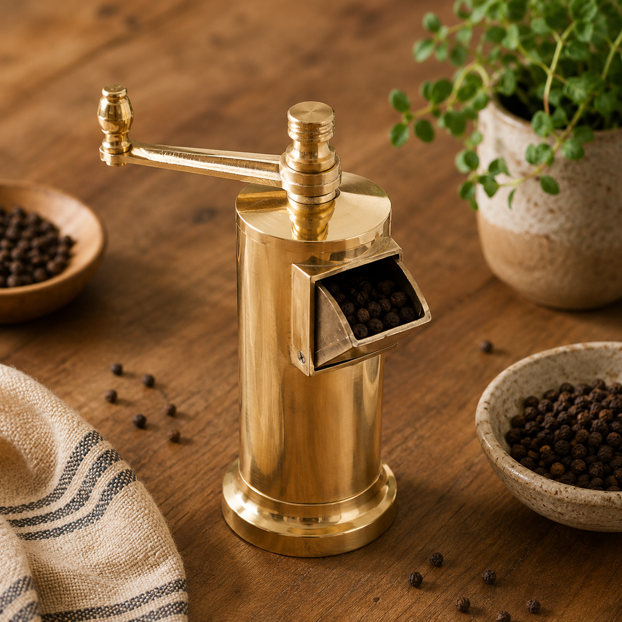 Brass pepper grinder on a wooden surface with bowls of black peppercorns and a plant in the background.