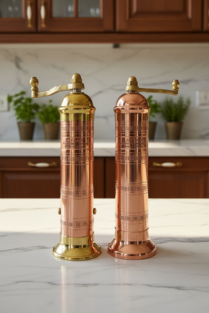 Atlas brass/copper pepper mill and copper salt mill