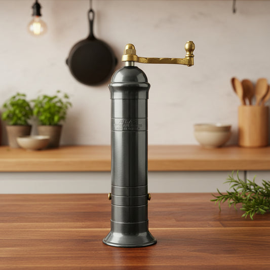Vintage-style pepper grinder with brass top on a white background