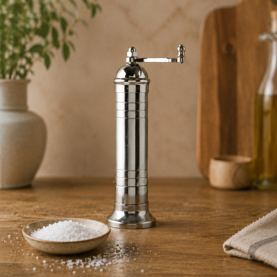 Silver pepper grinder on a wooden surface with a bowl of salt and a plant in the background.