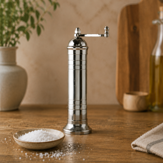 Silver pepper grinder on a wooden surface with a bowl of salt and a plant in the background.