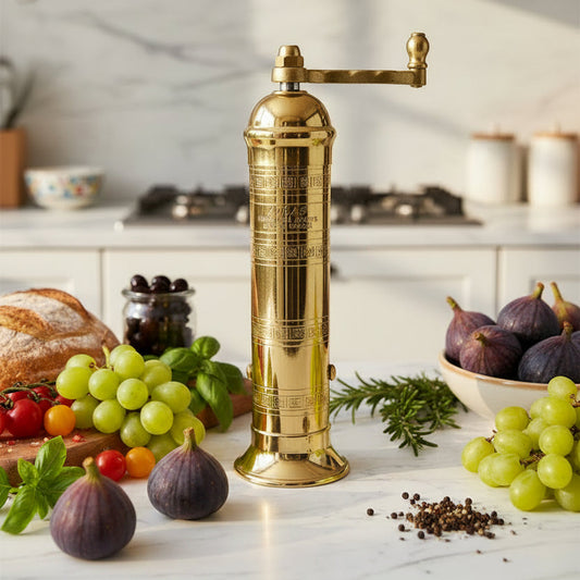 Gold pepper grinder on a white background