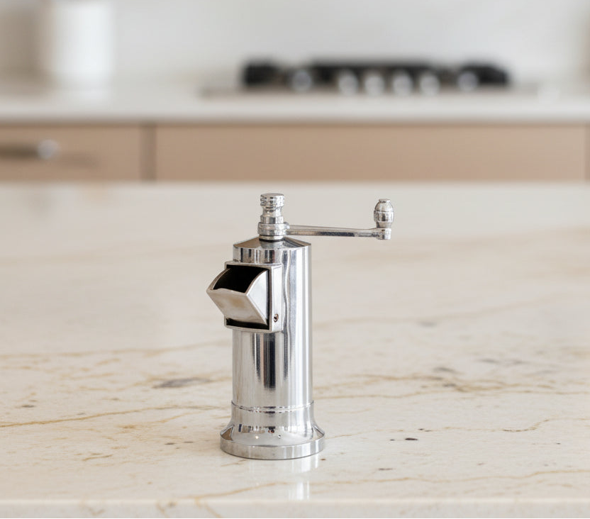 Chef’s Mate 5" chrome pepper grinder with side-loading chute and manual crank handle, modern spice mill design