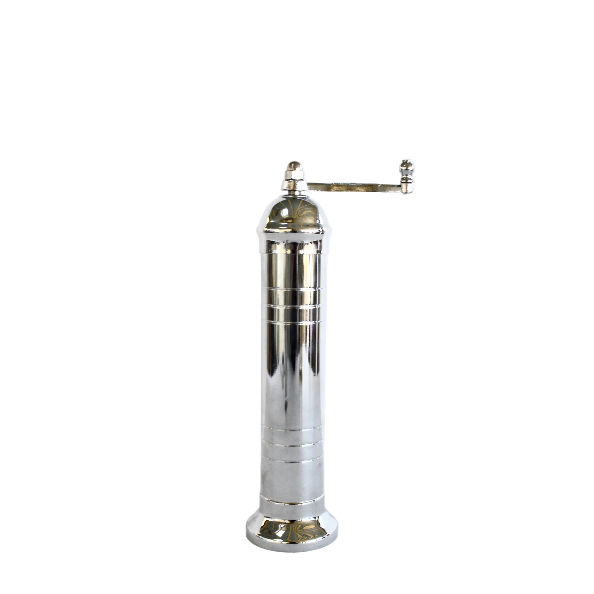 Silver pepper grinder on a white background