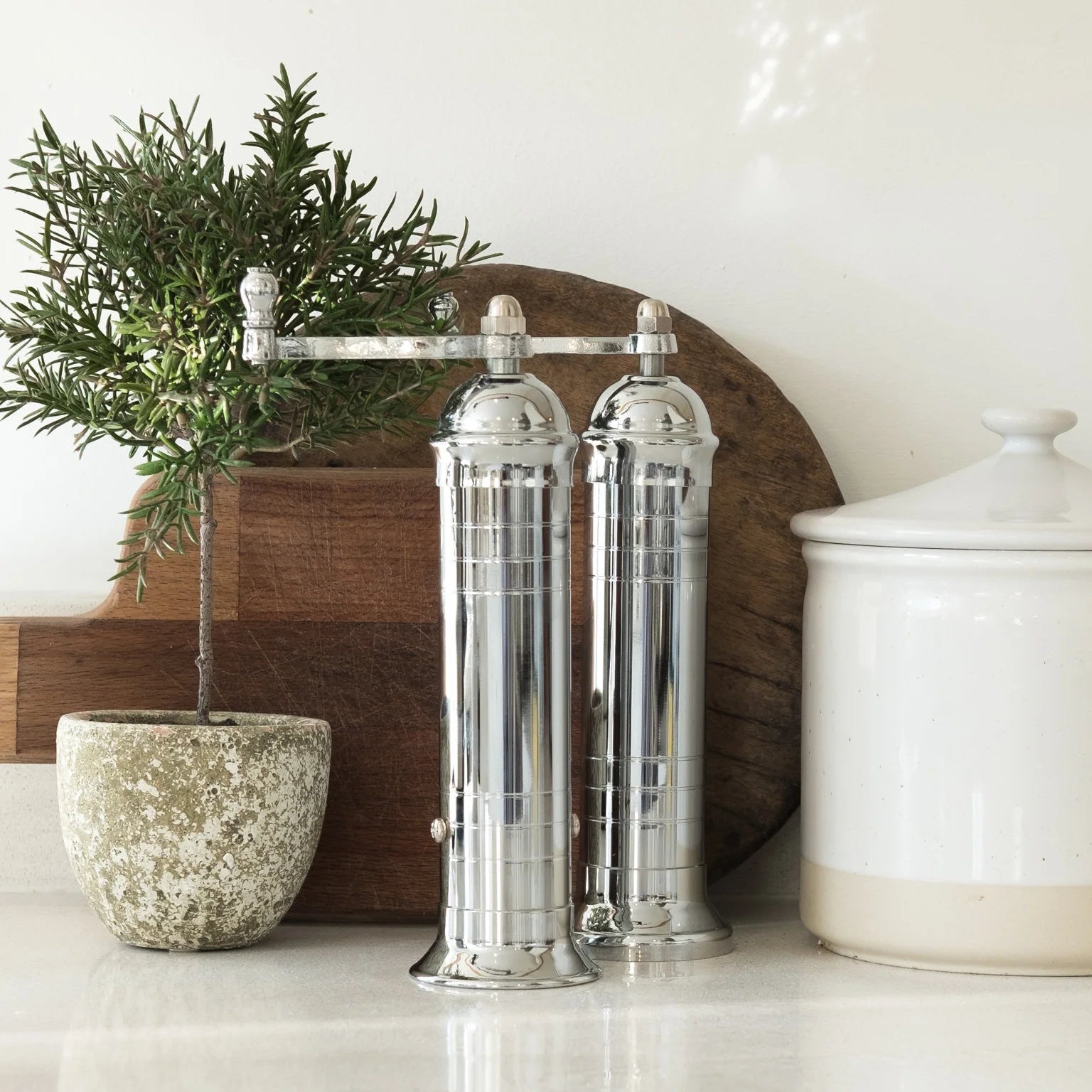 Silver salt and pepper shakers on a kitchen counter with a plant and white container in the background.