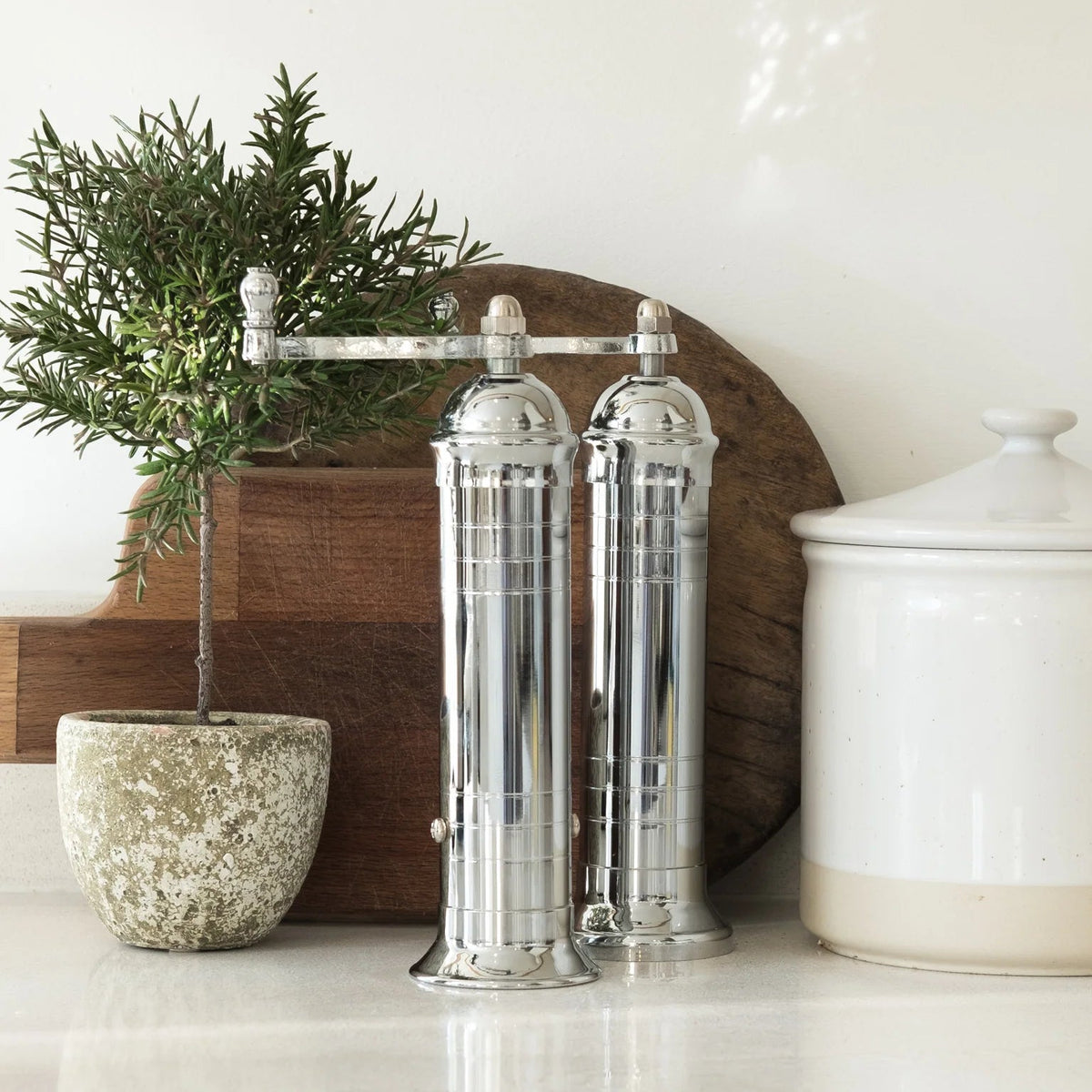 Silver salt and pepper shakers on a kitchen counter with a plant and white container in the background.