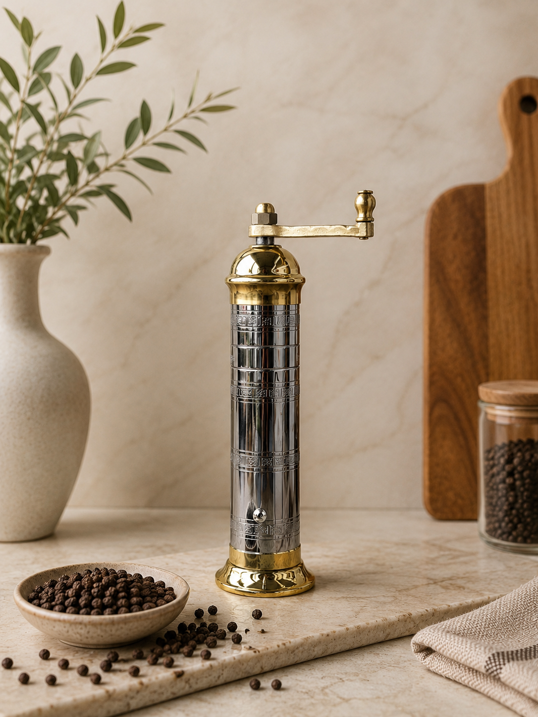 Manual pepper grinder on a kitchen counter with black peppercorns, a bowl of peppercorns, and a wooden cutting board.