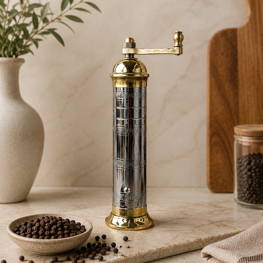 Manual pepper grinder on a kitchen counter with black peppercorns, a bowl of peppercorns, and a wooden cutting board.