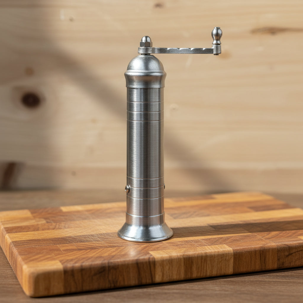 Metallic pepper grinder on a wooden surface with a wooden background