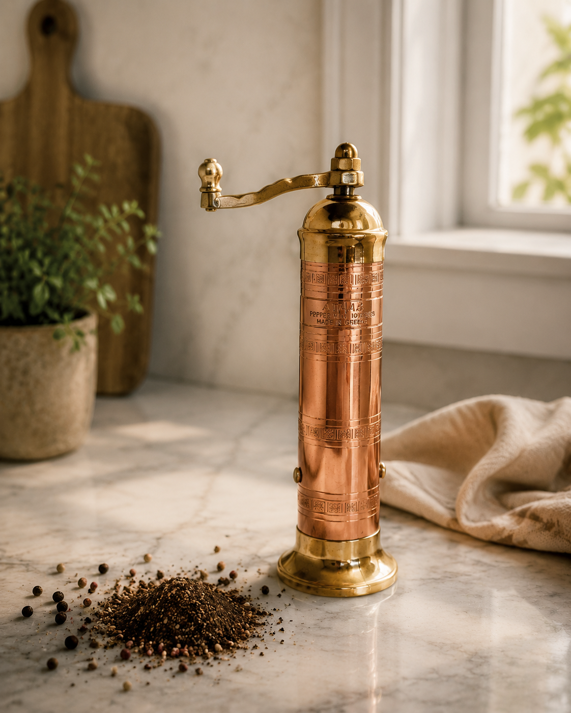 Copper and brass pepper grinder on a marble surface with peppercorns around, in a kitchen setting.