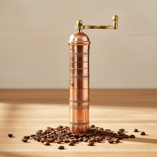 Copper pepper grinder with gold accents on a white background