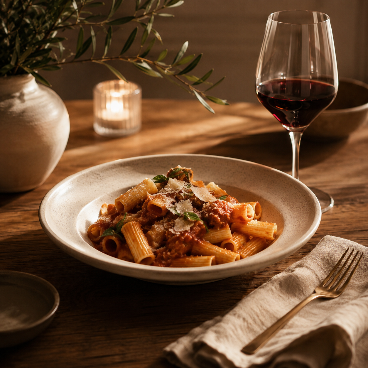 Pasta dish with a glass of red wine on a wooden table