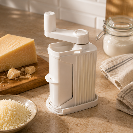 Manual cheese grater on a kitchen counter with grated cheese and parmesan blocks.