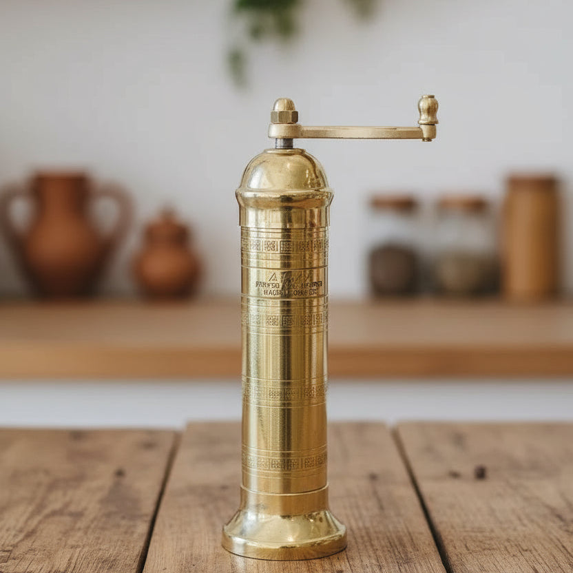 Brass pepper grinder on a wooden surface with a light gray background