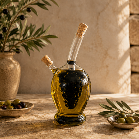 Bottle of olive oil with a cork on a wooden table, surrounded by olive branches and fruits.