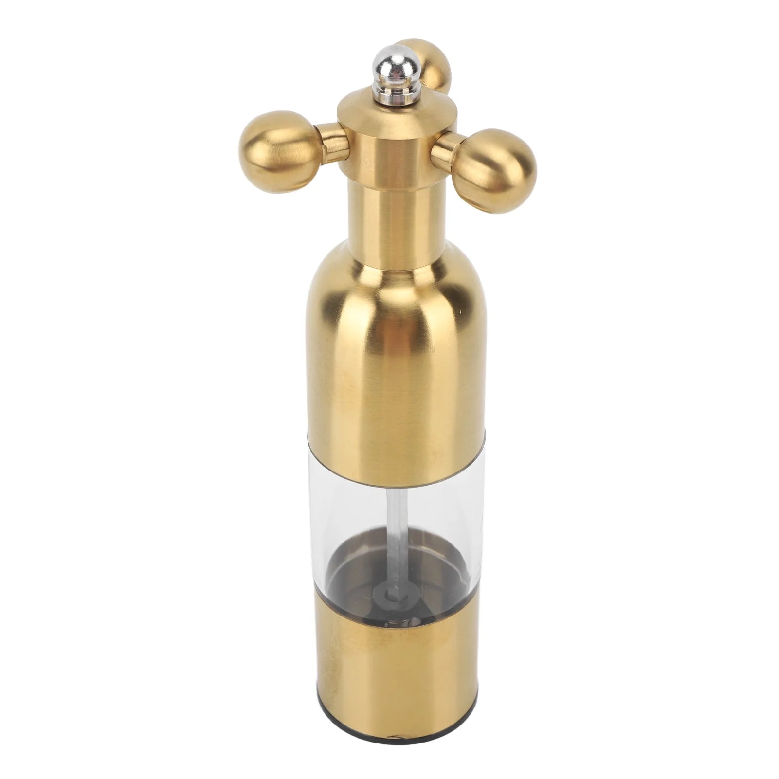 Gold stainless steel pepper mill with a clear acrylic chamber and ergonomic hand crank. Modern and stylish spice grinder for fresh seasoning, perfect for home kitchens and dining tables. Durable, easy-to-use manual pepper grinder with an adjustable grind setting for coarse or fine spices. Ideal for gourmet cooking, chefs, and food enthusiasts who love freshly ground pepper and salt. Sleek, elegant design adds a luxurious touch to any kitchen or restaurant.