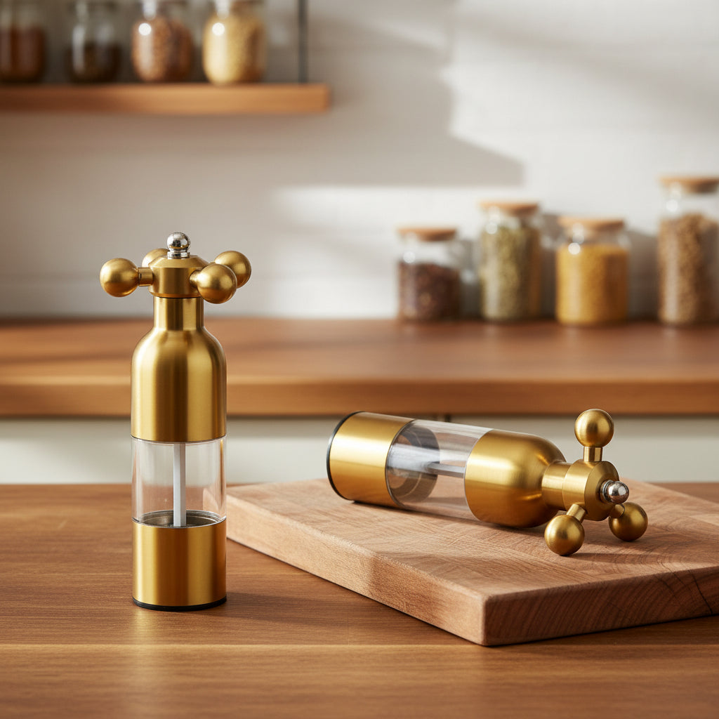 Gold stainless steel pepper mill featuring a clear acrylic chamber and an ergonomic hand crank for effortless grinding. This modern, stylish spice grinder is perfect for fresh seasoning in home kitchens and dining tables. Designed for durability and ease of use, it offers an adjustable grind setting for coarse or fine spices. Ideal for gourmet cooking, chefs, and food lovers who enjoy freshly ground pepper and salt. Its sleek, elegant design adds a touch of luxury to any kitchen or restaurantGold stainless 