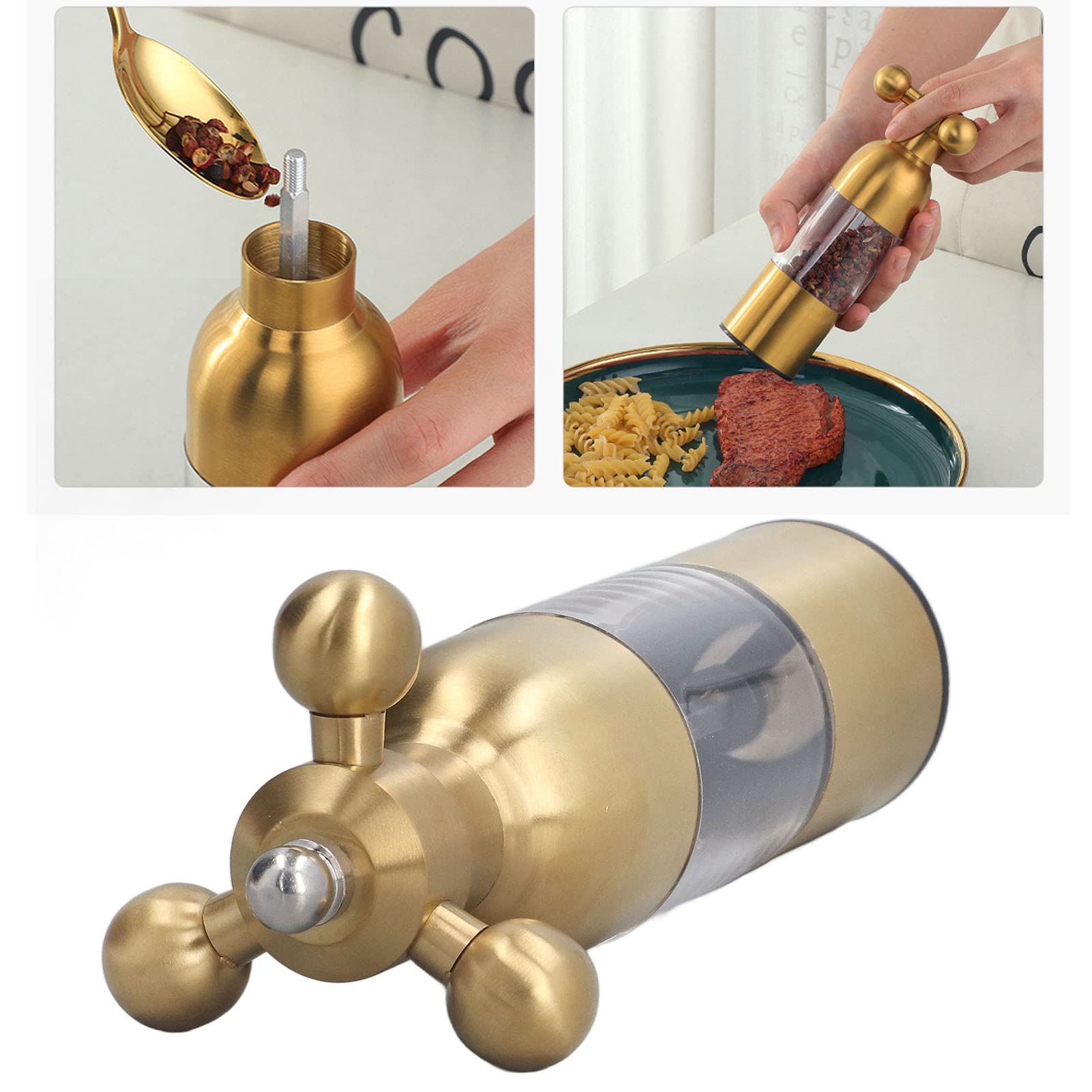 Gold stainless steel pepper mill with a clear acrylic chamber and ergonomic hand crank. Modern and stylish spice grinder for fresh seasoning, perfect for home kitchens and dining tables. Durable, easy-to-use manual pepper grinder with an adjustable grind setting for coarse or fine spices. Ideal for gourmet cooking, chefs, and food enthusiasts who love freshly ground pepper and salt. Sleek, elegant design adds a luxurious touch to any kitchen or restaurant.