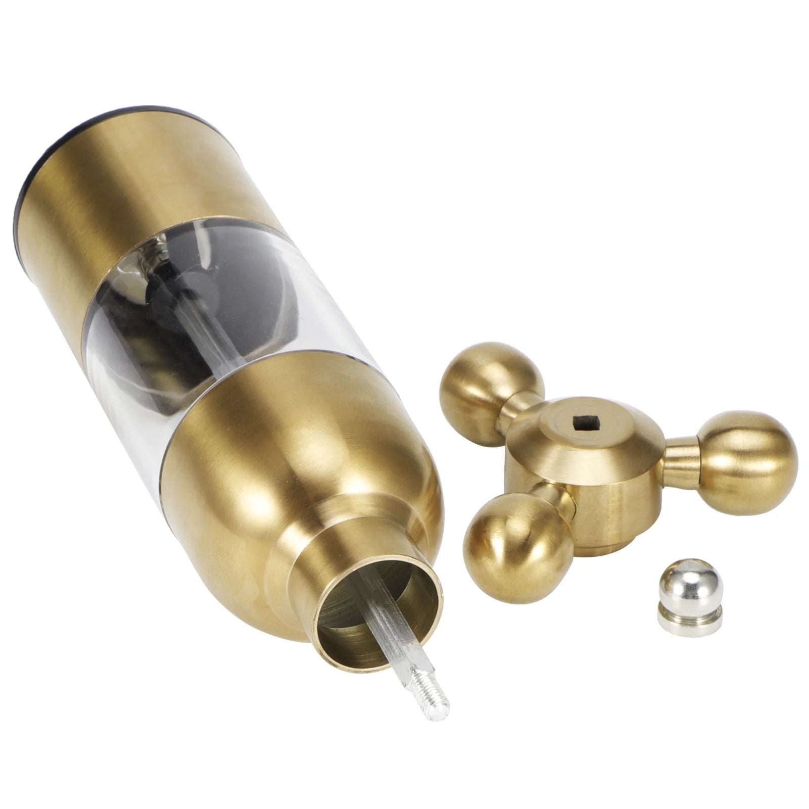 Gold stainless steel pepper mill with a clear acrylic chamber and ergonomic hand crank. Modern and stylish spice grinder for fresh seasoning, perfect for home kitchens and dining tables. Durable, easy-to-use manual pepper grinder with an adjustable grind setting for coarse or fine spices. Ideal for gourmet cooking, chefs, and food enthusiasts who love freshly ground pepper and salt. Sleek, elegant design adds a luxurious touch to any kitchen or restaurant.