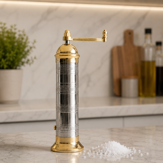 Decorative pepper grinder on a kitchen counter with salt sprinkled around
