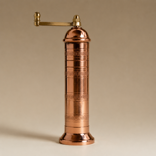 Copper pepper grinder on a beige background