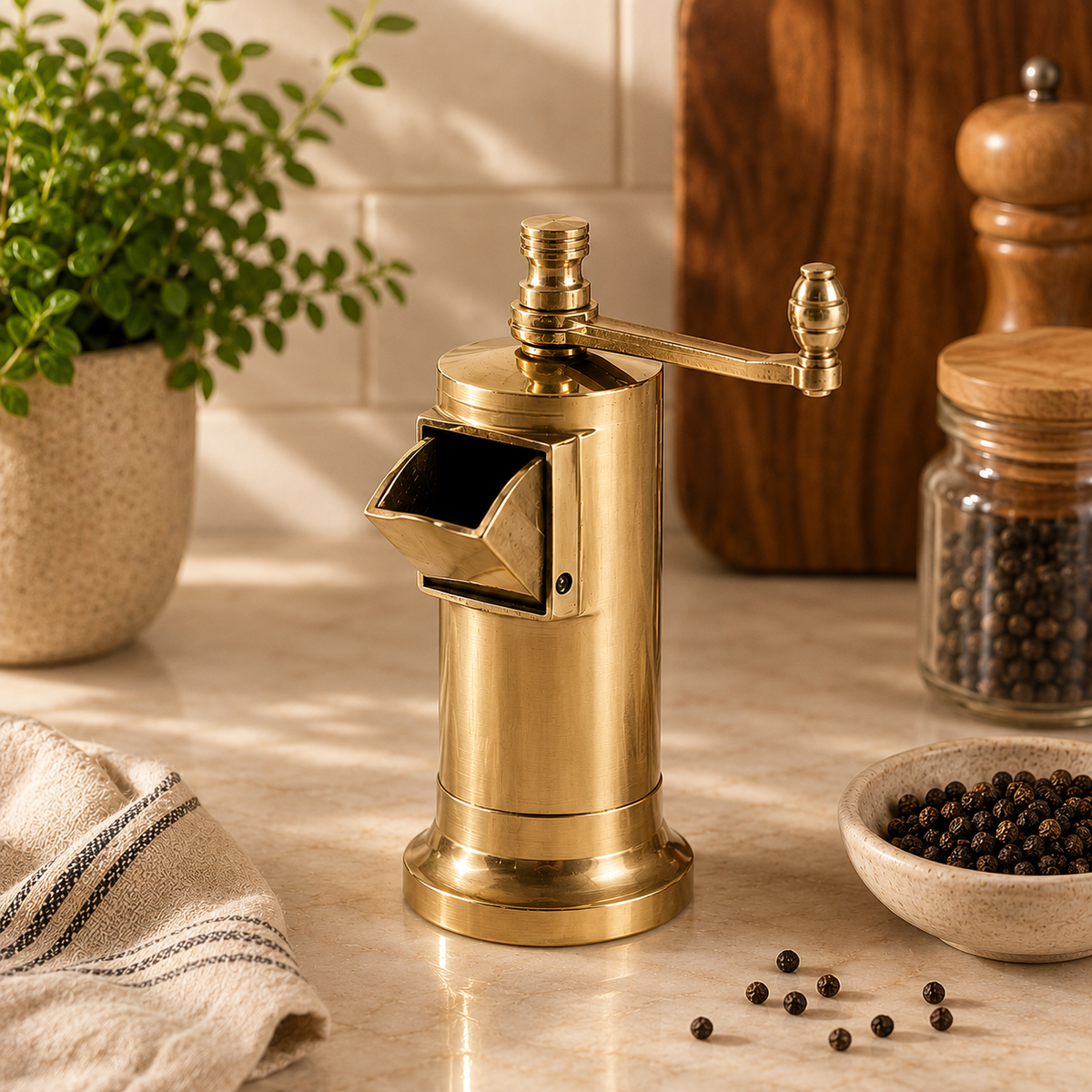 Gold pepper grinder on a kitchen counter with peppercorns and a plant in the background