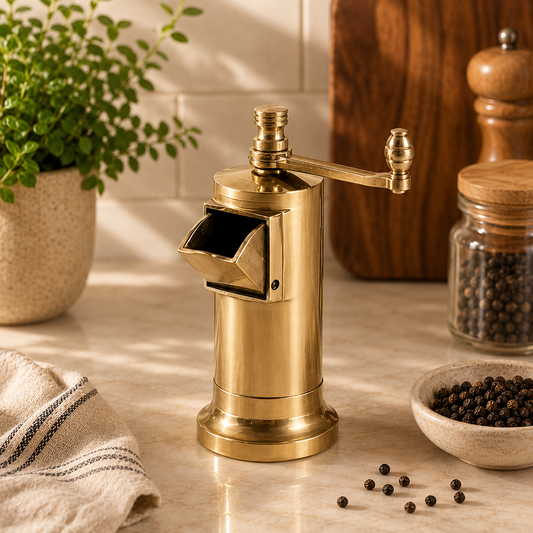 Gold pepper grinder on a kitchen counter with peppercorns and a plant in the background