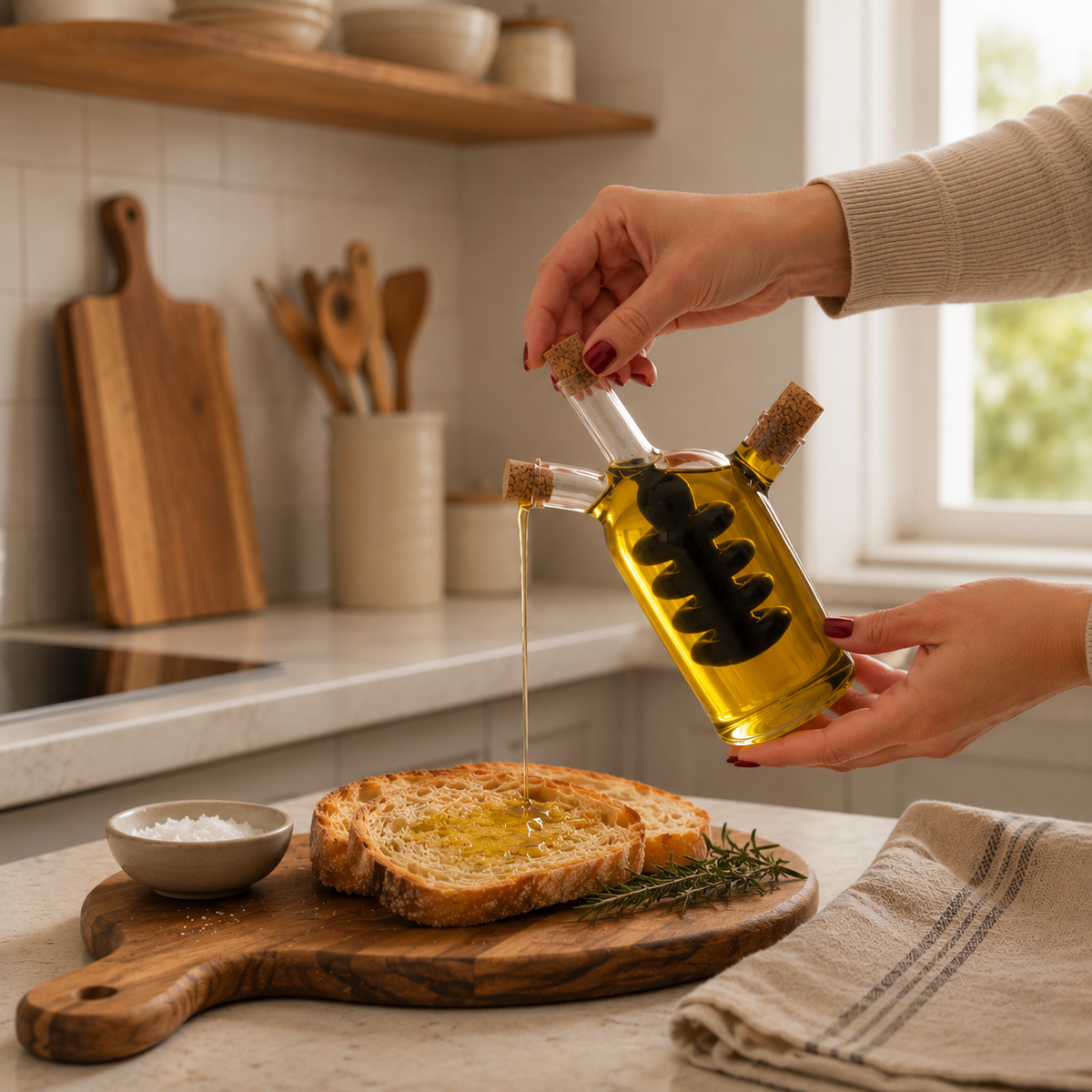 Person pouring olive oil onto bread on a wooden cutting board in a kitchen.
