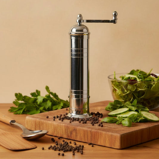 Silver pepper grinder on a beige background