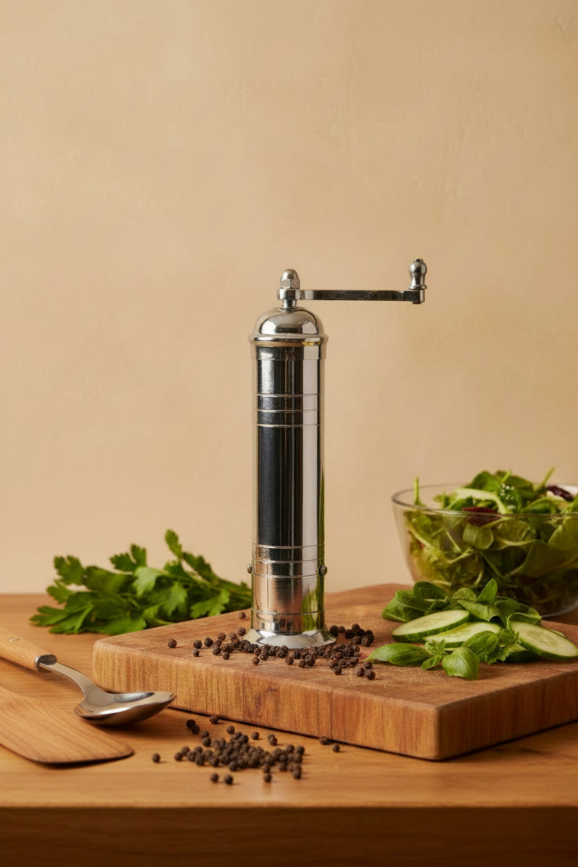 Silver pepper grinder on a beige background