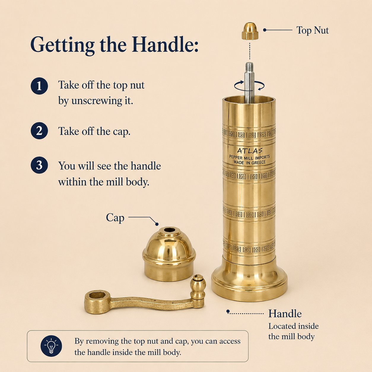 Brass pepper mill with step-by-step instructions on how to get the handle.