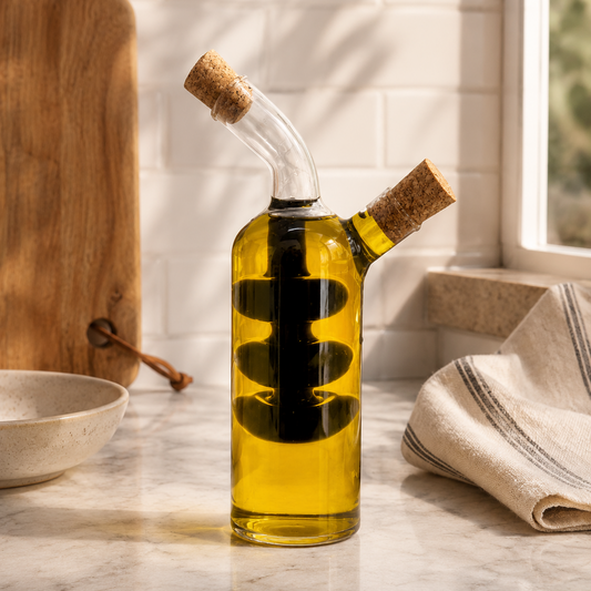 Glass bottle with cork stopper filled with oil on a kitchen counter