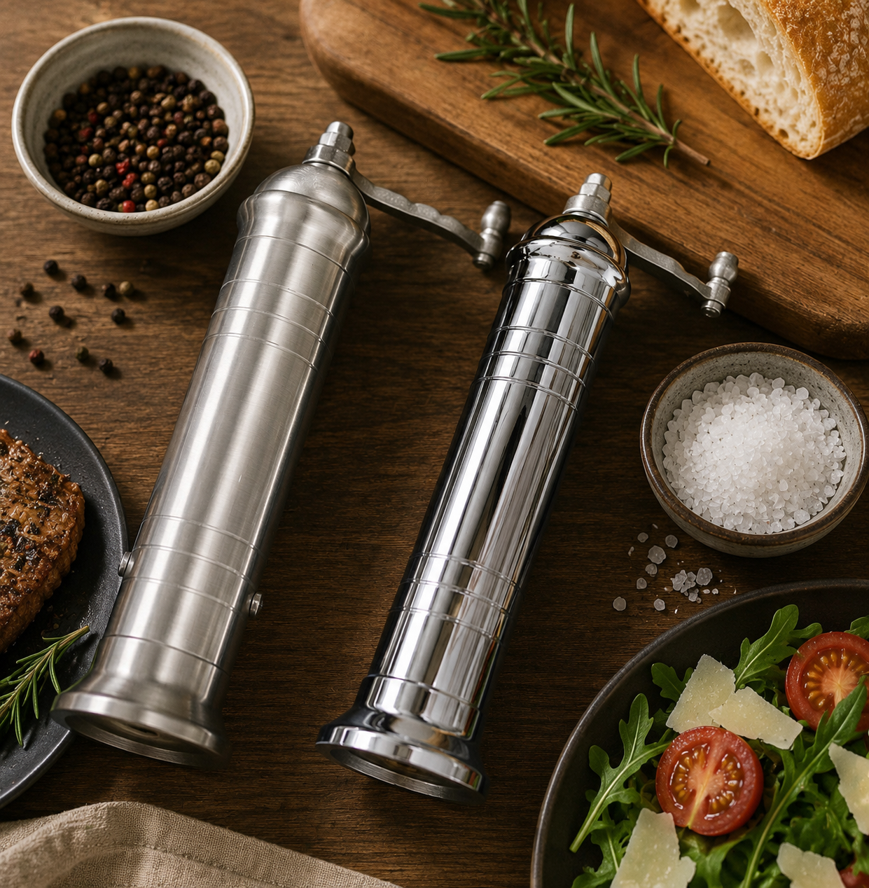 Two silver pepper mills on a wooden table with a bowl of salt, pepper, and bread.