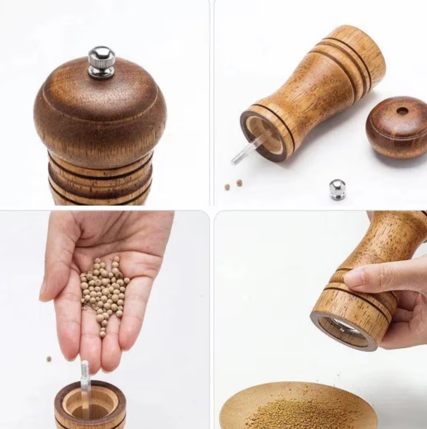 Premium oak wooden salt and pepper mills in various sizes on a marble background with scattered peppercorns. Rustic kitchenware set next to a dish of pasta and a checkered napkin, perfect for home chefs and food enthusiasts. Elegant and durable spice grinders for fresh seasoning, ideal for kitchen decor, dining tables, and gourmet cooking. High-quality wooden peppermill set for a stylish and functional addition to any kitchen or restaurant setting.