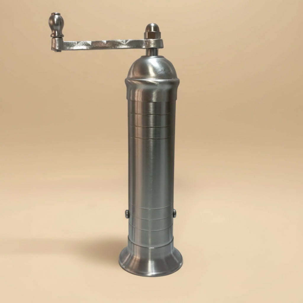 Metallic pepper grinder on a white background